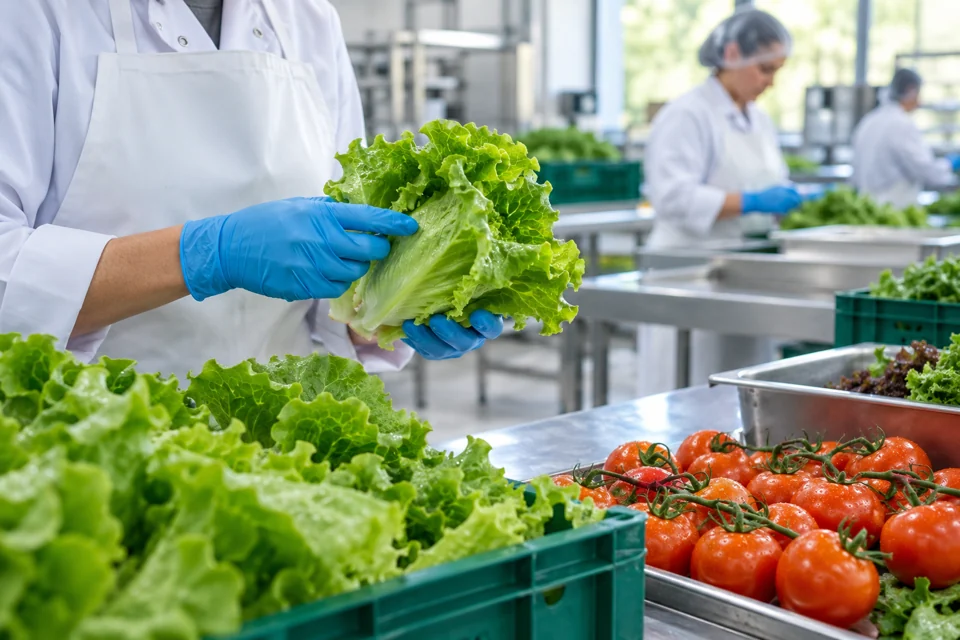 Illustrative photograph of gloved hands checking fresh lettuce in a clean produce facility