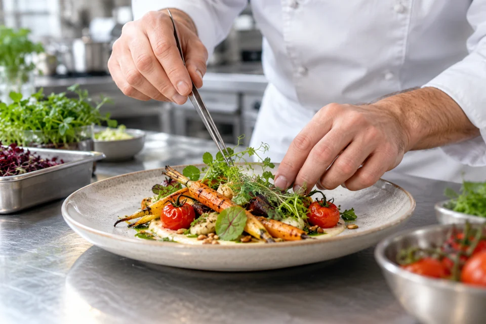Illustrative photograph of a chef plating a fresh vegetable dish in a professional kitchen