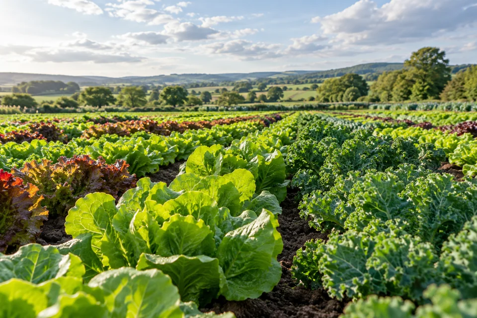 Illustrative photograph of fresh lettuce and kale growing in sunlit farm fields